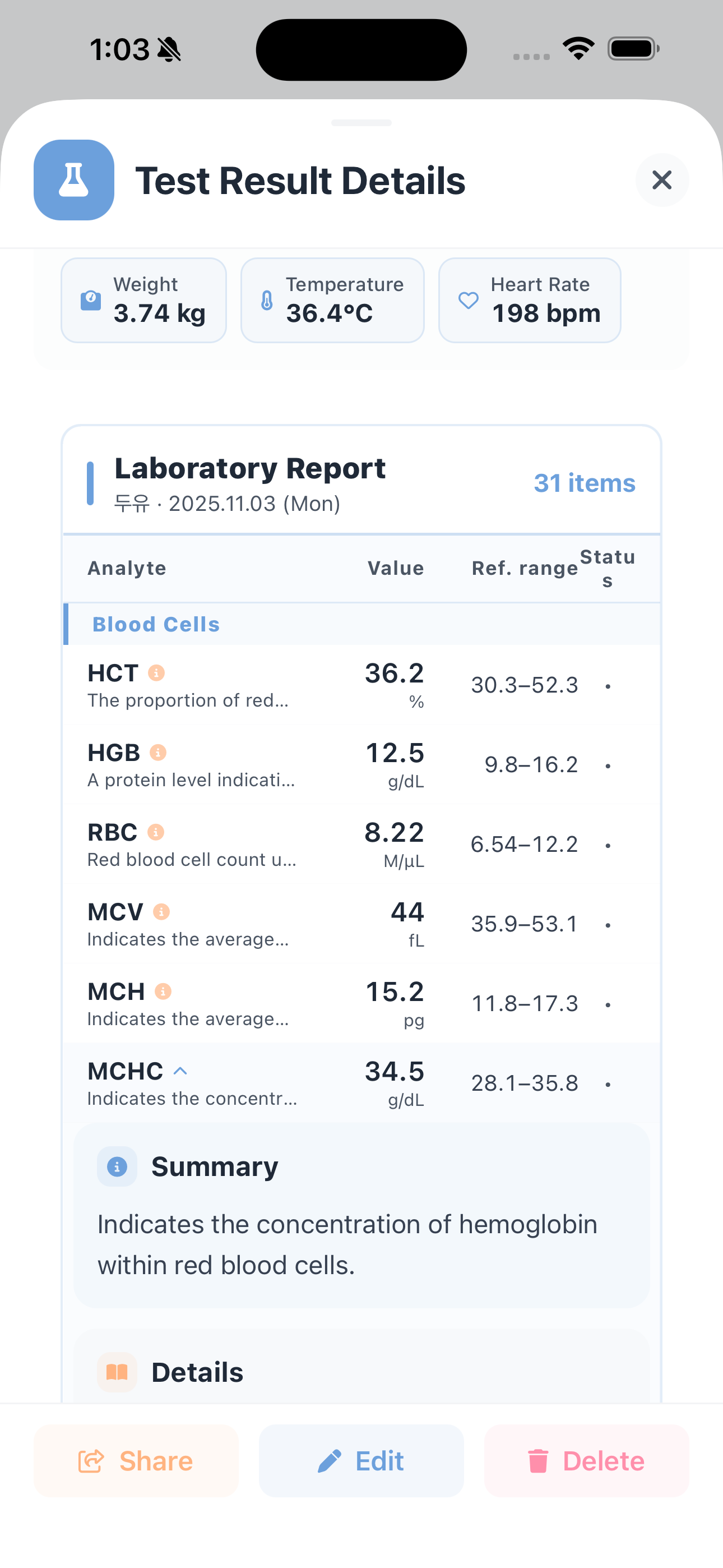Blood test reports, logged with one photo